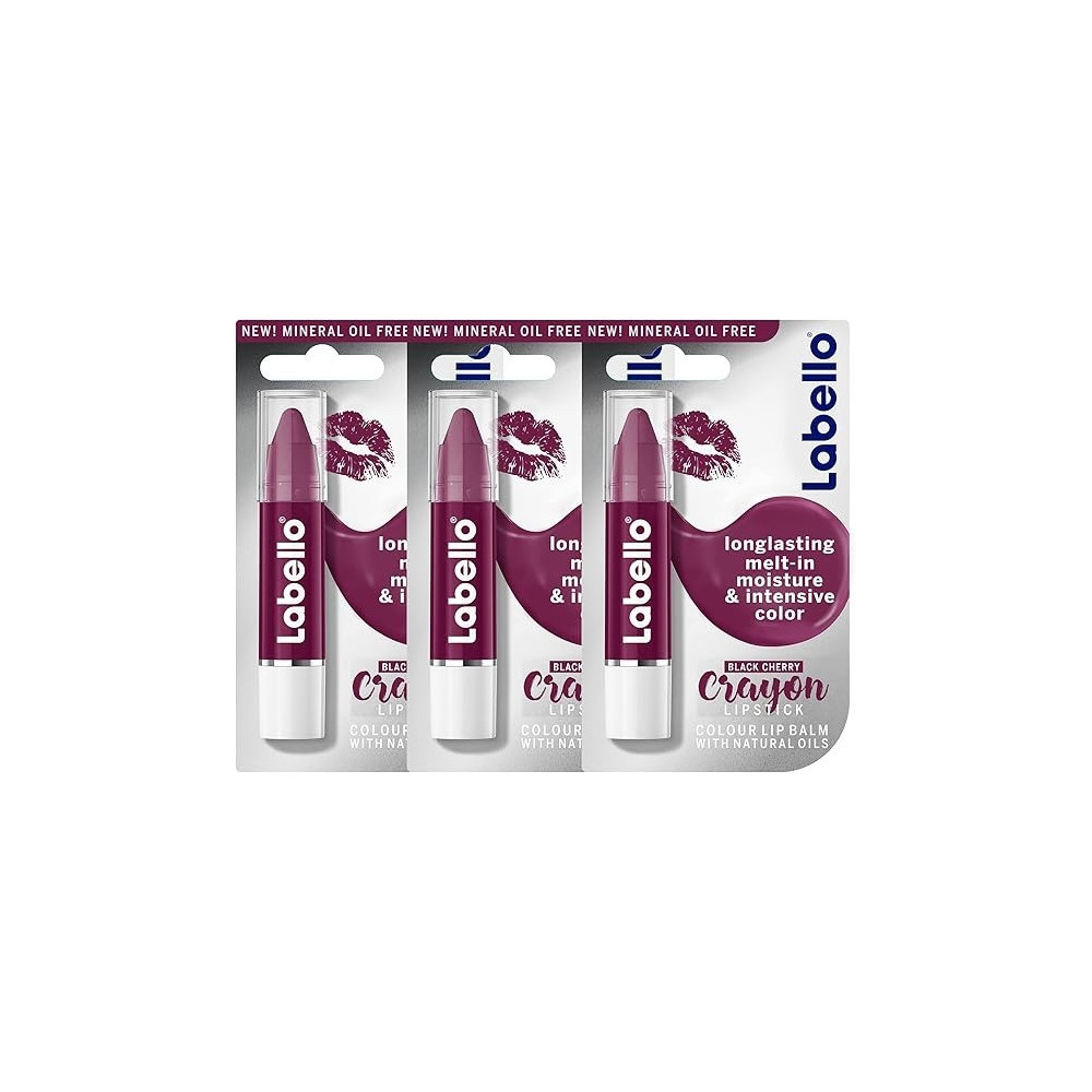 Labello Lipstick, Crayon Colour Lip Balm, Black Cherry, 3 X 3G