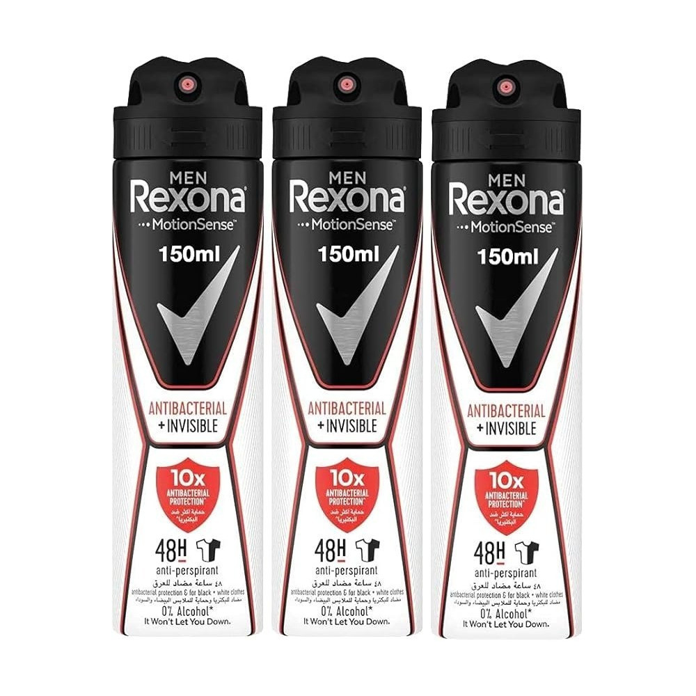 Rexona Men Antiperspirant Deodorant Antibacterial Plus Invisible, 150 ml, Pack Of 3