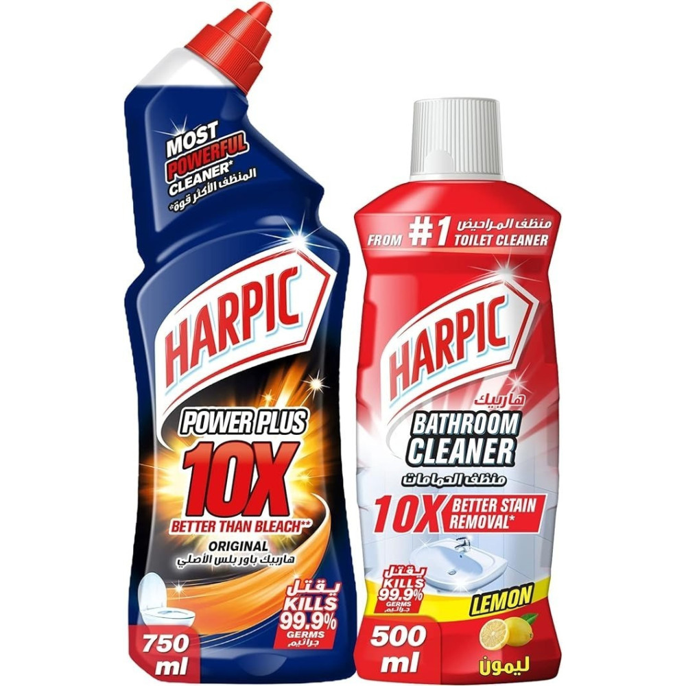 Harpic Toilet Cleaner Liquid Power Plus, Original, 750 ml With Bathroom Cleaner, Lemon, 500 ml