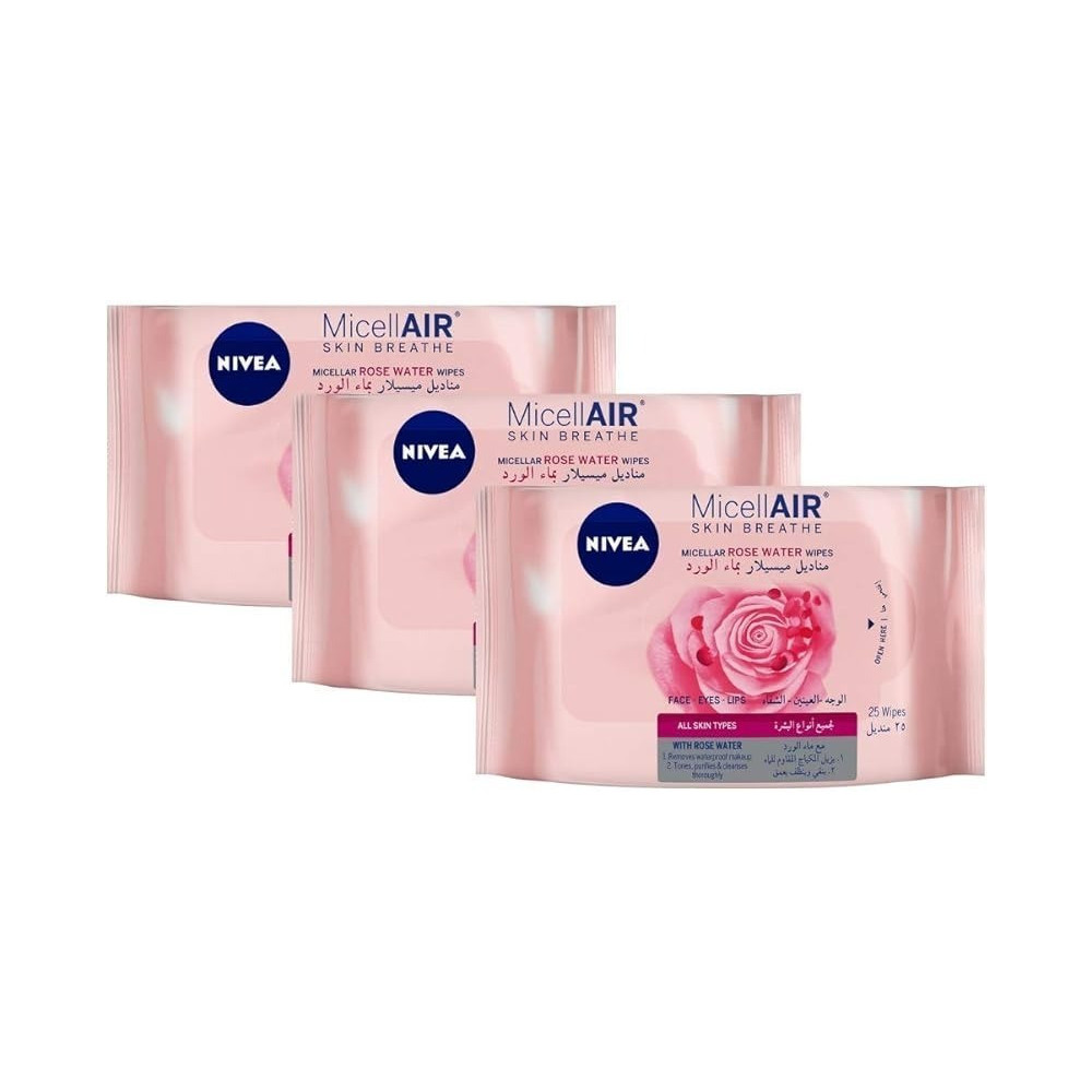 Nivea Skin Breathe Micellar Rose Water Wipes, Pack Of 3, 25 Pieces
