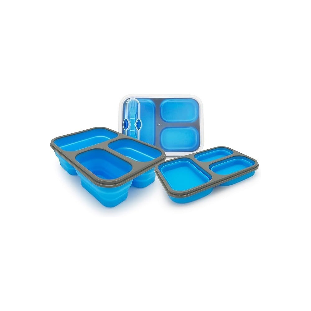 Exclusivo Bolsillo Foldable Bento Lunch Box (1Pcs) For Women Men And Kids With Spork And Lid Bpa Free, Collapsible And Leakproof Space Saving Food Storage Containers With 3 Compartments, Blue