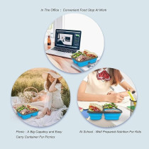 Exclusivo Bolsillo Foldable Bento Lunch Box (1Pcs) For Women Men And Kids With Spork And Lid Bpa Free, Collapsible And Leakproof Space Saving Food Storage Containers With 3 Compartments, Blue