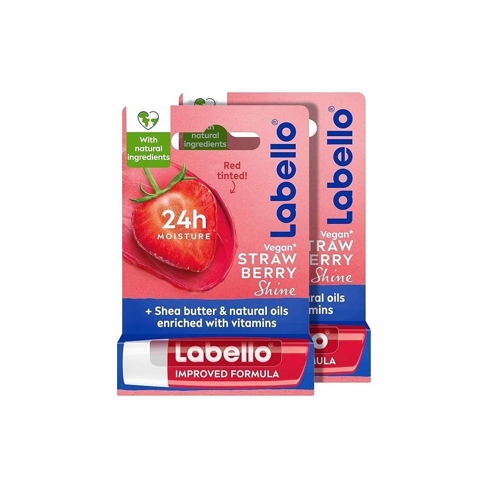 Labello Strawberry Shine Lip Balm, 24H Melt-In Moisture, With Shea Butter And Natural Oils Enriched With Vitamins, With Natural Ingredients, Mineral Oil Free, Vegan, 4.8G, Pack Of 2