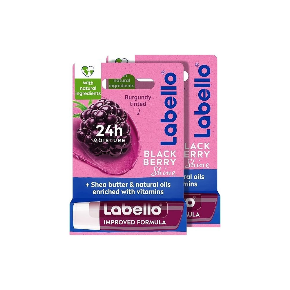Labello Blackberry Shine Lip Balm, 24H Melt-In Moisture, With Shea Butter And Natural Oils Enriched With Vitamins, With Natural Ingredients, Mineral Oil Free, Vegan, 4.8G, Pack Of 2