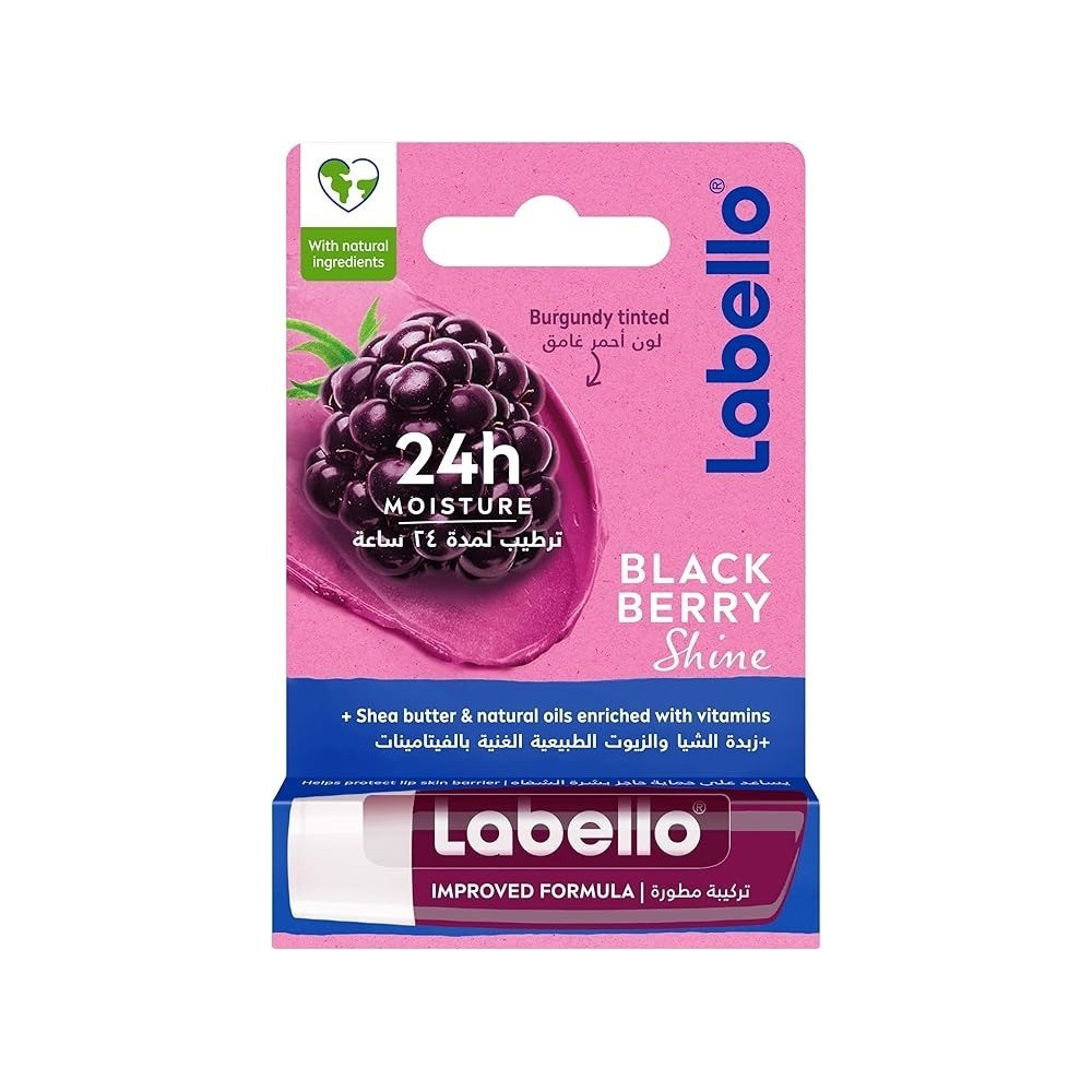 Labello Blackberry Shine Lip Balm, 24H Melt-In Moisture, With Shea Butter And Natural Oils Enriched With Vitamins, With Natural Ingredients, Mineral Oil Free, Vegan, 4.8G