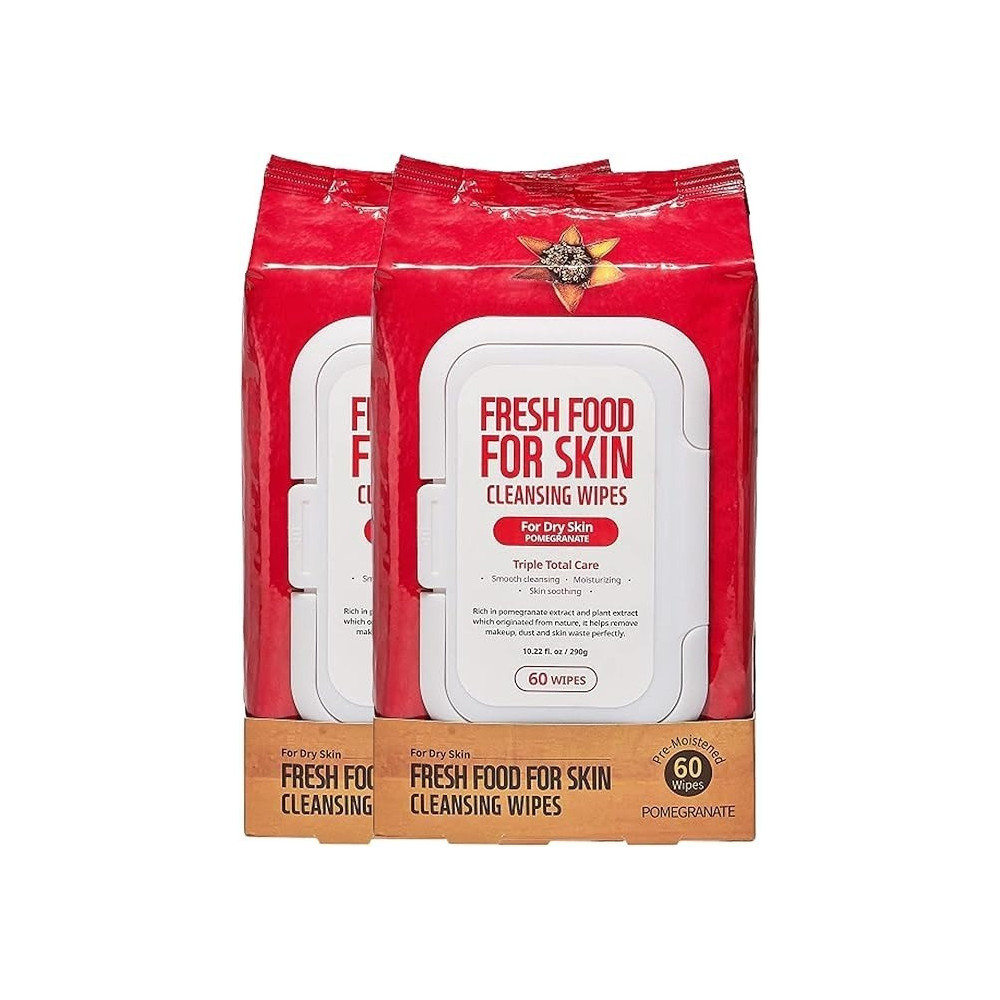 Farmskin Freshfood For Skin Facial Cleansing Wipes Makeup Daily Remover Pomegranate For Dry Skin, 60 Count, Pack Of 2