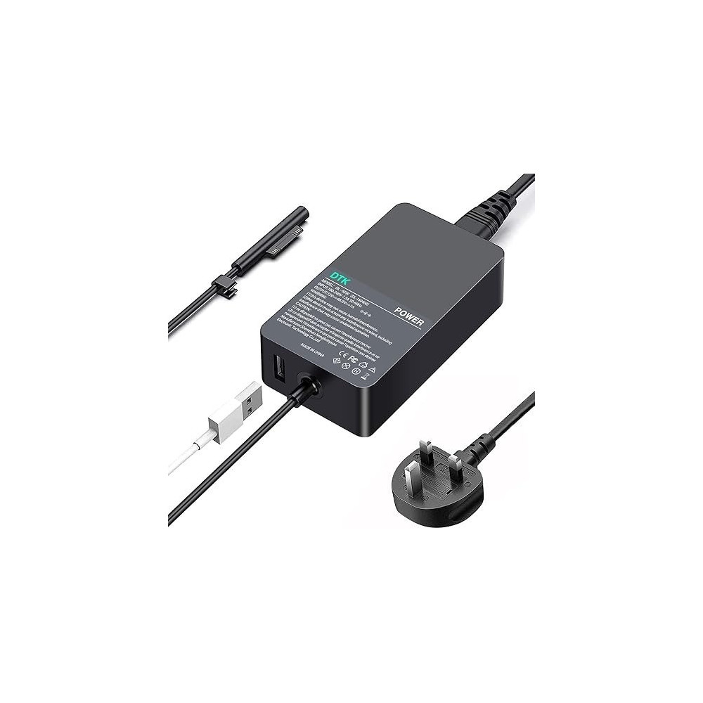 Dtk Surface Pro Charger, 15V 4A 65W Laptop Power Adapter For Microsoft Surface Pro 3/4/5/6/7/8/X Surface Book 1 2 3 Surface Go 1 2 Surface Tablet With Usb Charging Port, Black