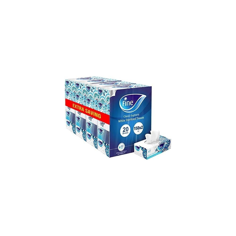 Fine Super Saver Sterilized Soft Absorbent Facial Tissues Paper, 150 X 2Ply, Pack Of 10 X 2