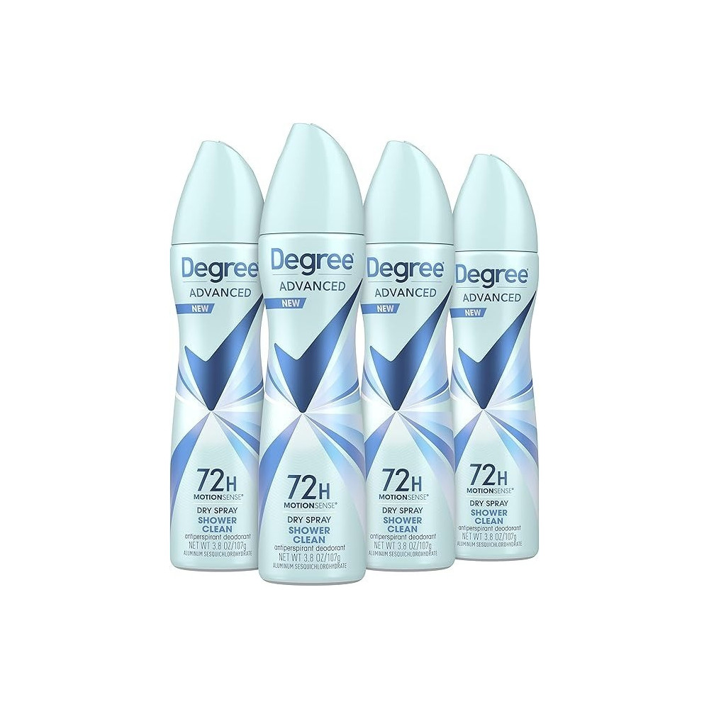 Degree Advanced Antiperspirant Deodorant Dry Spray 72-Hour Sweat And Odor Protection Shower Clean Deodorant Spray For Women With Motion Sense Technology, 107G, Pack Of 4