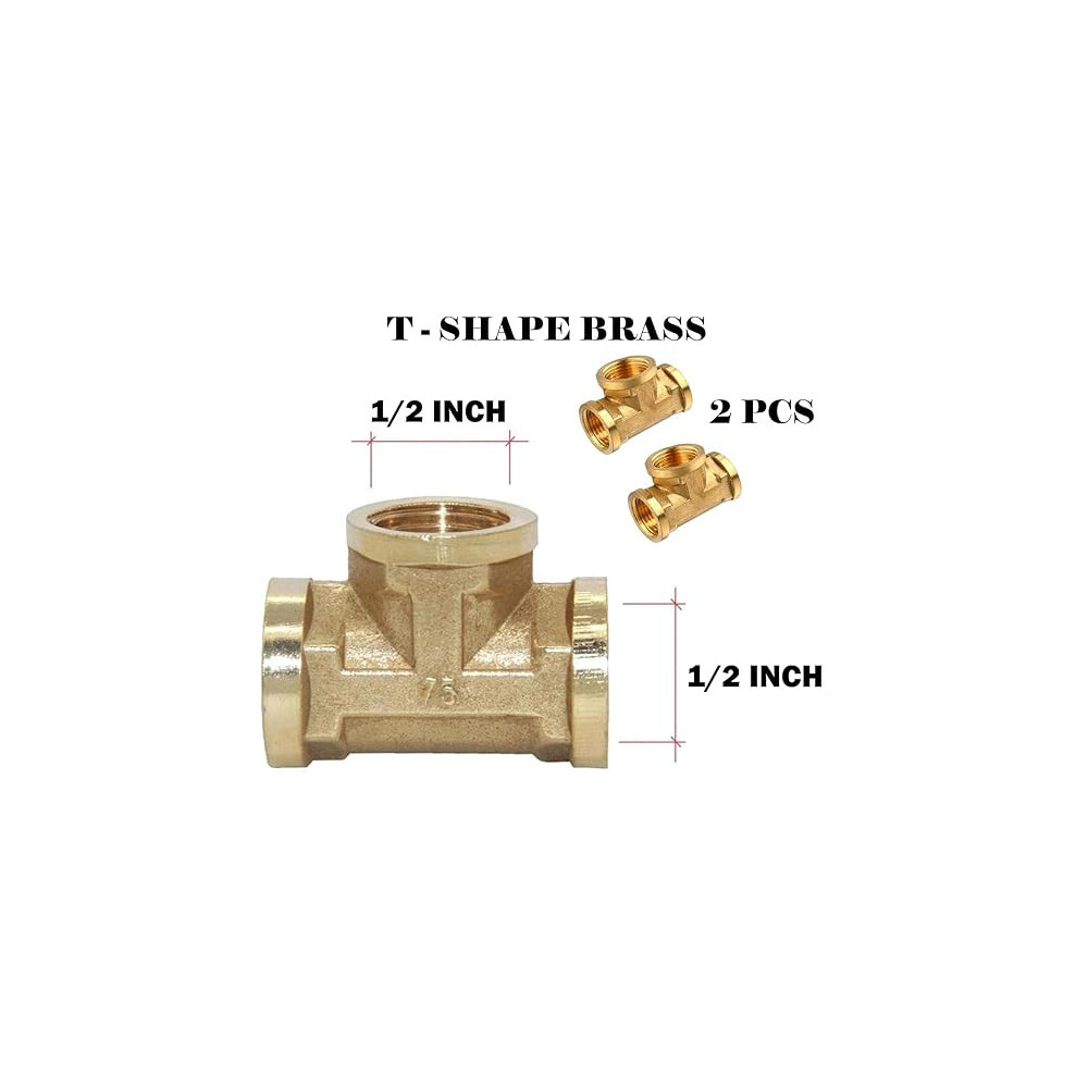 Abbas Ali 2pcs Brass Multi Purpose Hose Fittings, BSP Thread, Female Tee, 1/2 Inch