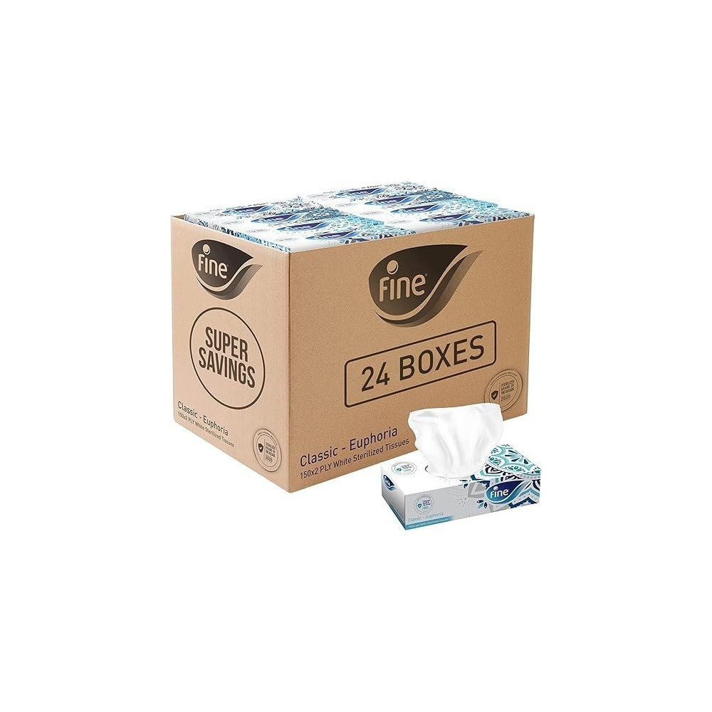 Fine Classic Euphoria Facial Tissue 150 Sheets x 2 Ply, Bundle Of 24 Fine Variety Sterilized Tissues For Germ Protection