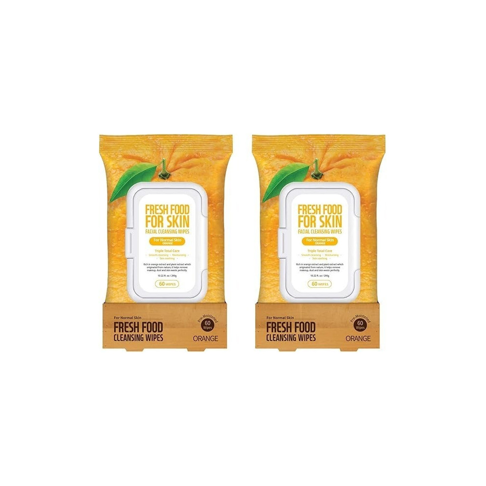 FARMSKIN Freshfood For Skin Facial Cleansing Wipes Makeup Daily Remover Orange for Normal Skin, 60 count (Pack of 2), Cruelty Free, 290g