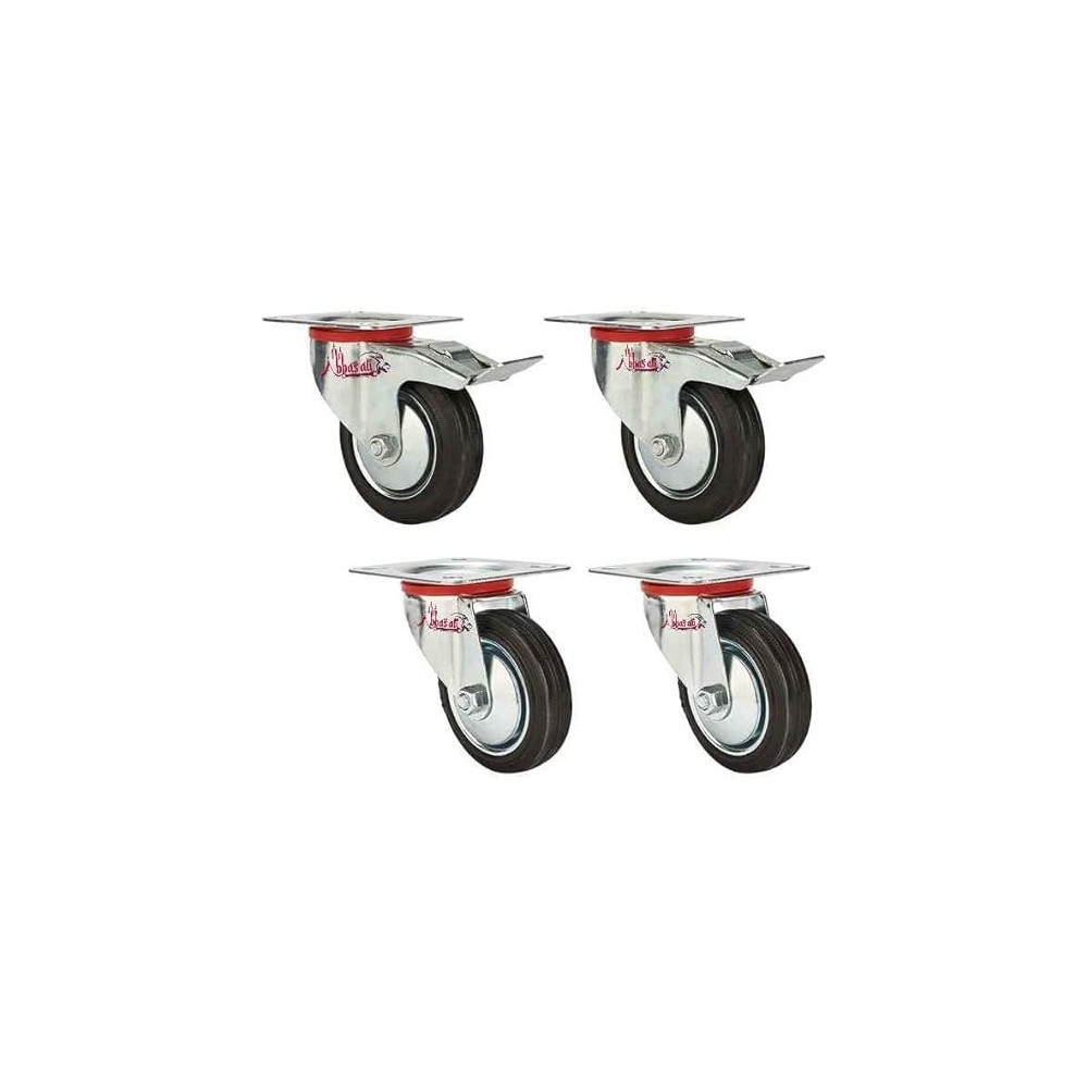 Abbas Ali Silver Heavy Duty Rubber Caster Wheels, Set of 4, 2 Brake And 2 Swivel, 4 Inch, Ideal for Furniture, Trolleys, and Garbage Drums
