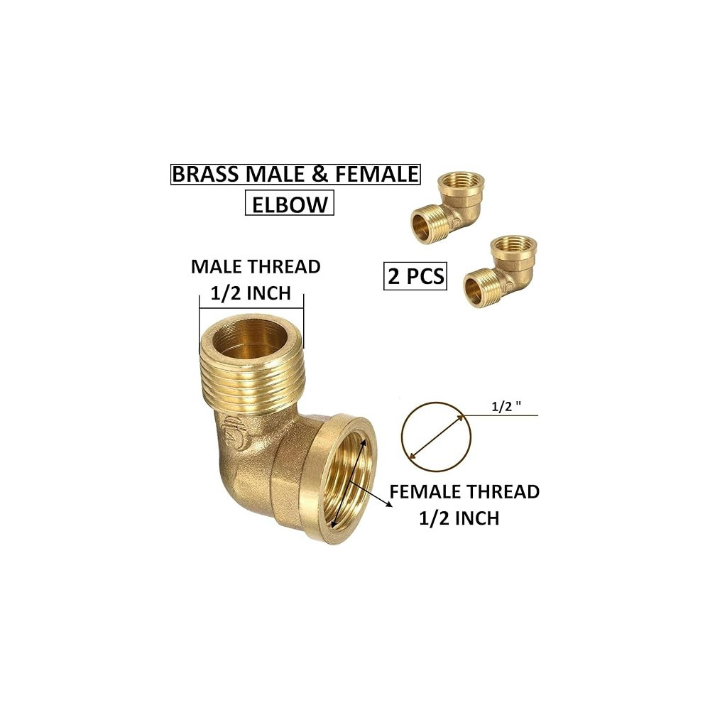 Abbas Ali 2 Piece Set Brass Multi Purpose Hose Fittings with BSP Thread, Female Male Elbow, 1/2 Inch for Plumbing, Gas And Hot Water Pipes