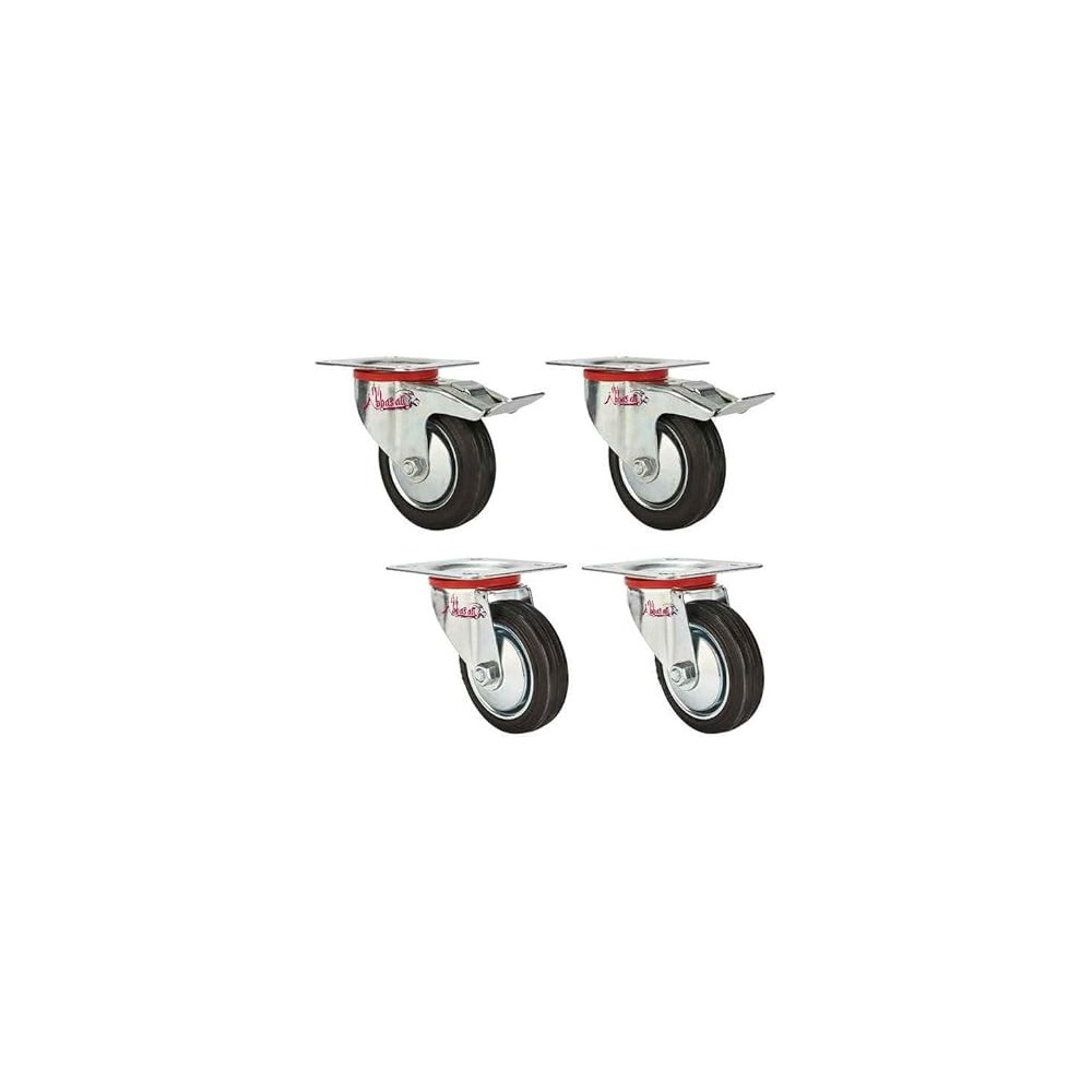 Abbasali Silver Heavy Duty Rubber Castor Wheel 2Pcs Brake & 2Pcs Swivel Set Of 4Pcs For Furniture,Trolley,Special For Garbage Drum,Trash Cane Trolley ,4 Inch