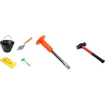 Abbasali Mason Tool Kit For Home,Office,Warehouse Restoration Includes Plastic Hammer,Pvc Bucket,Karandi,Pvc Gurmala,Sledge Hammer & Flat Chiesel
