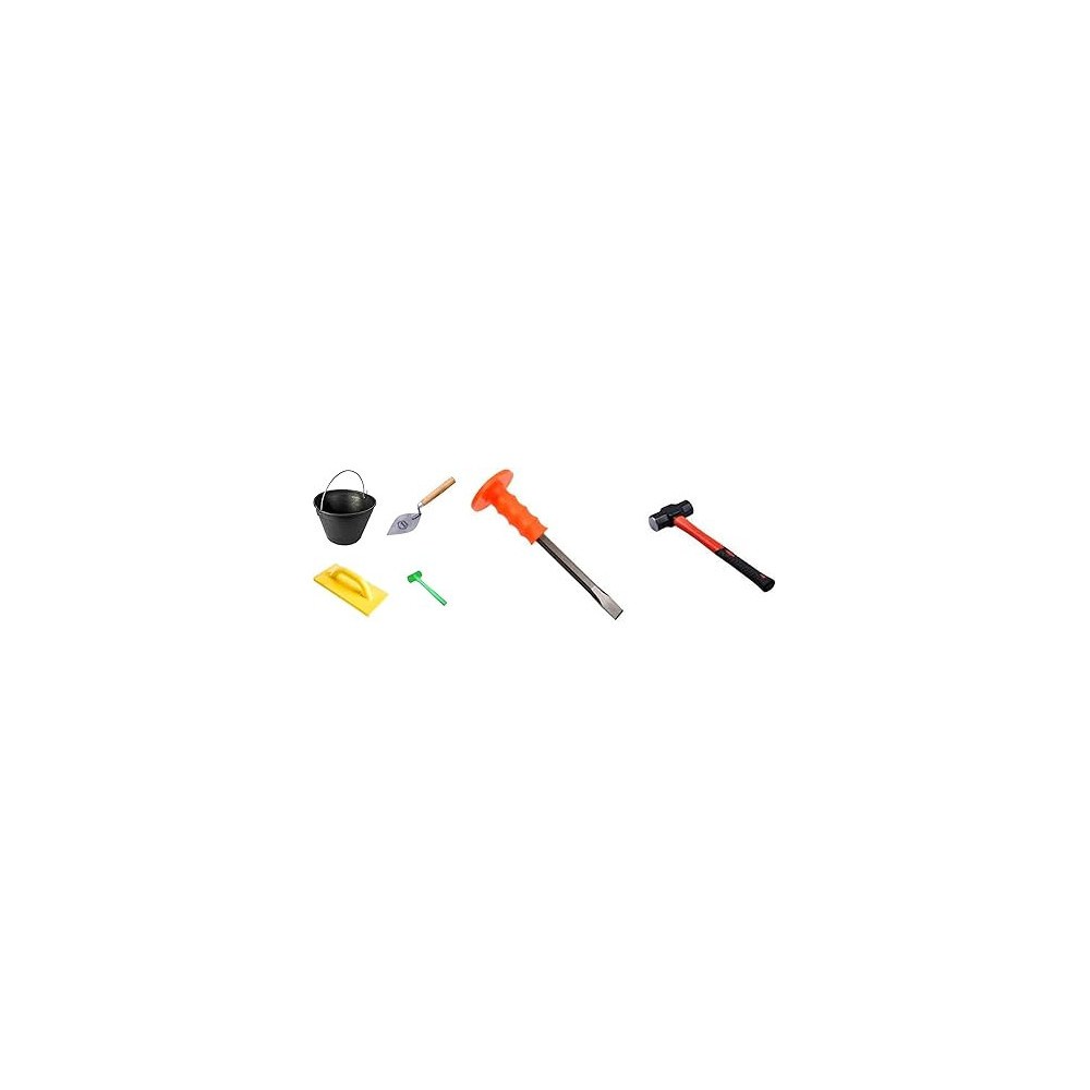 Abbasali Mason Tool Kit For Home,Office,Warehouse Restoration Includes Plastic Hammer,Pvc Bucket,Karandi,Pvc Gurmala,Sledge Hammer & Flat Chiesel