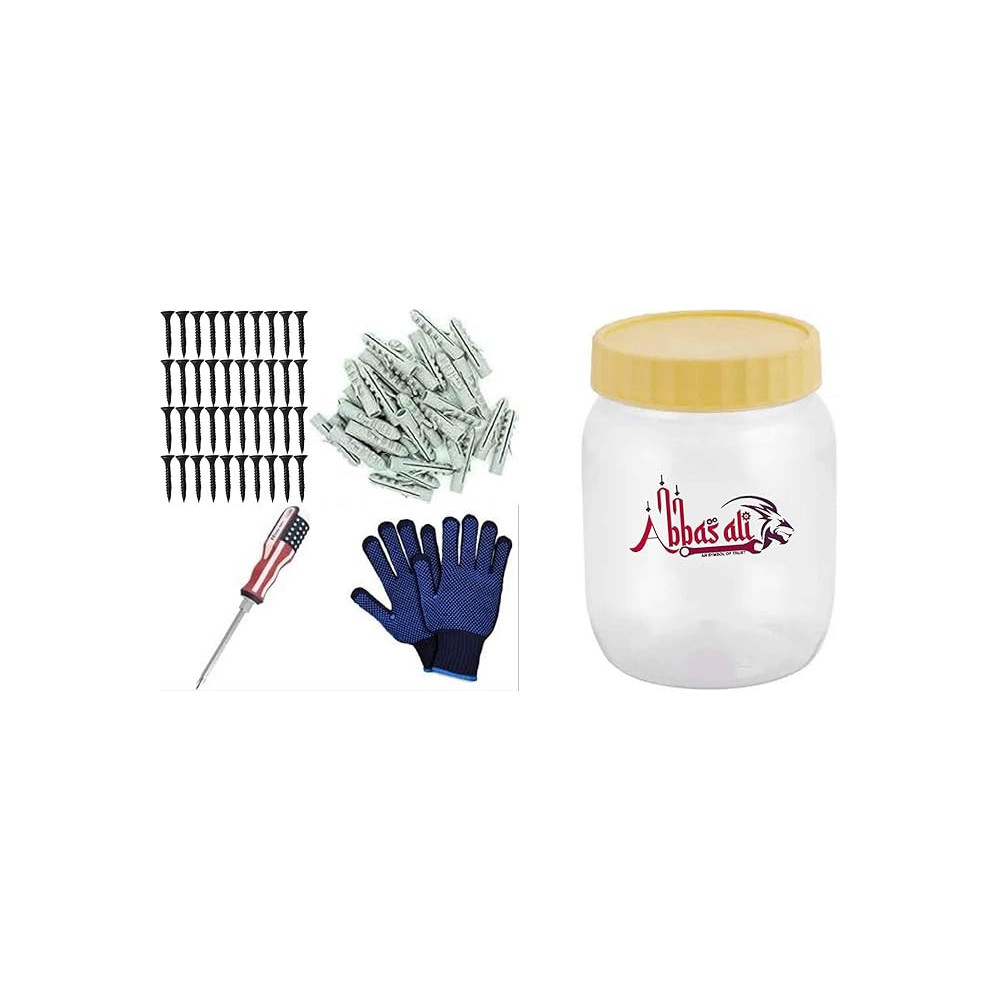 Abbasali 100Pcs Dry Wall Gypsum Screw – Hardened Carbon Steel – Black With Nylon Plug 6Mm 100Pcs In Plastic Jar With Screwdriver & Gloves (8Mm X 11/4Inch)