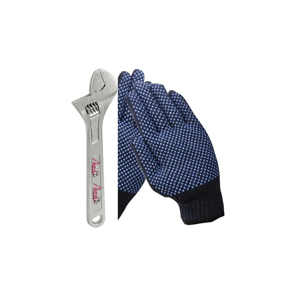 Abbasali Carbon Steel Adjustable Wrench, Extra Wide Jaw Opening,Heat Treated Chrome Plated Drop Forged With Dotted Glove 1 Pair (8 Inch)
