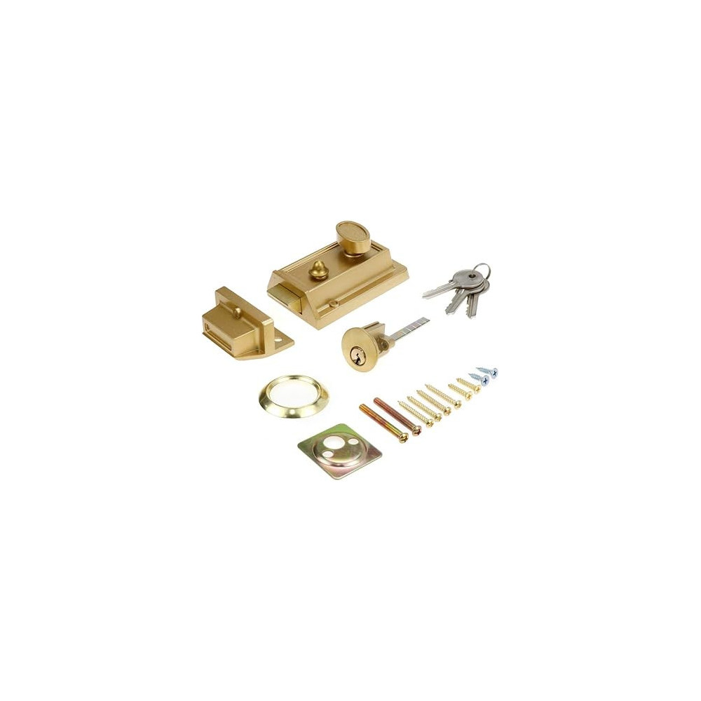 Abbas Ali Night Latch Deadbolt Rim Lock, Anti Theft Door Lock, Antique Style with Keys, Nightlatch Door Security Lock, Gold Finish