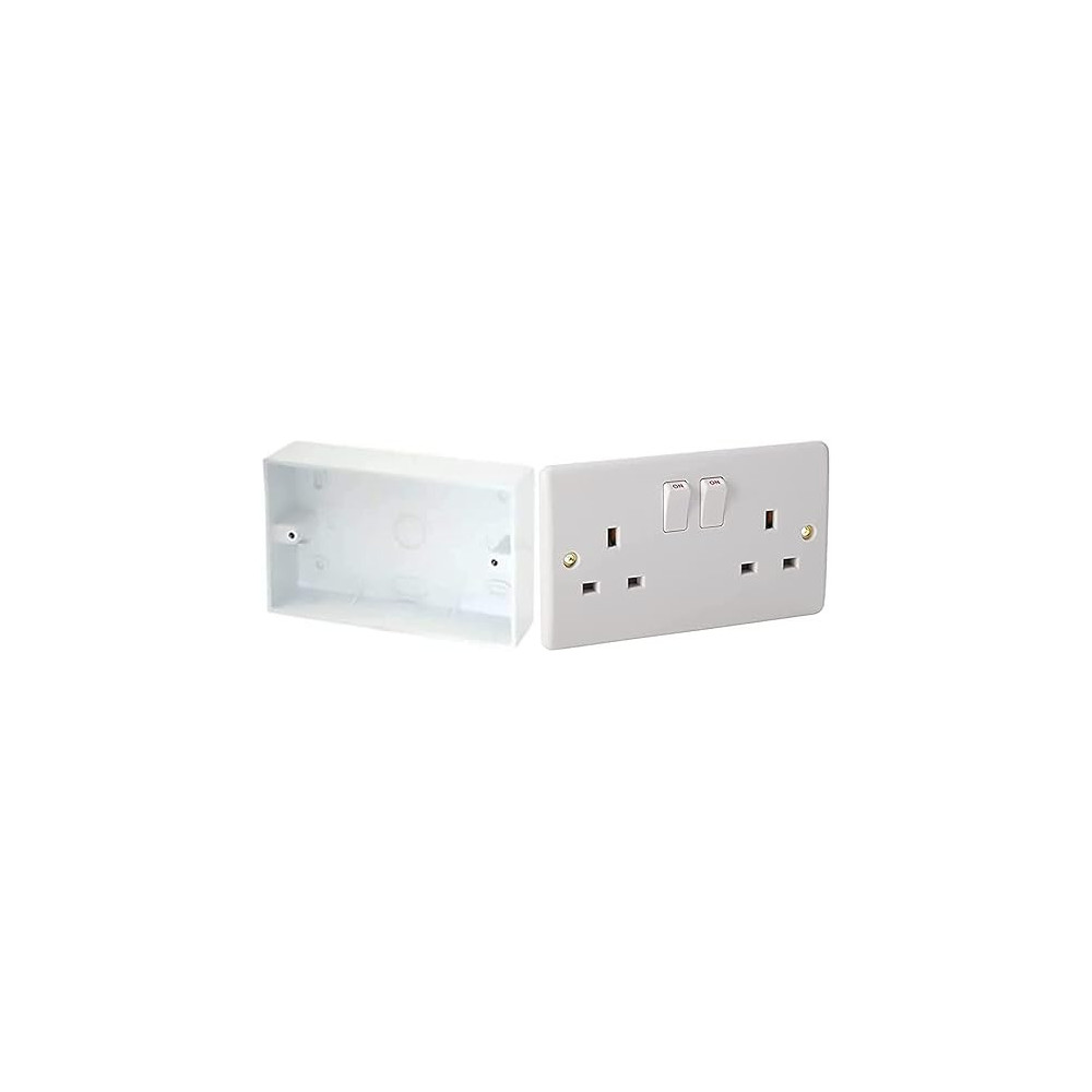 Abbasali 13 A 2 Gang Sp Switched Socket 230 V With Surface Pvc Box 6X3 For Switch Or Double Socket White