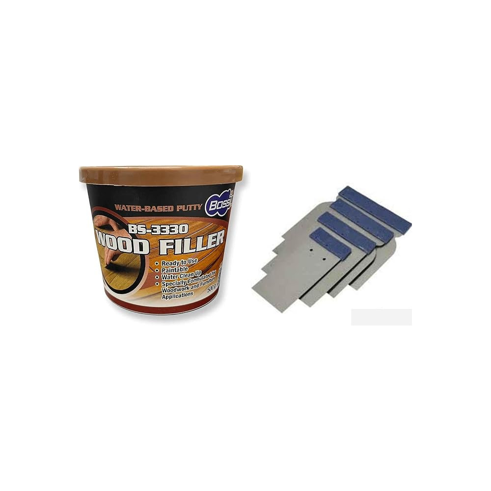 Abbasali Carpenter’S Wood Filler By Bossil With Applicator, Water Based, 500 Grams, Mahogany With 4Pcs Scrapper Set (2)