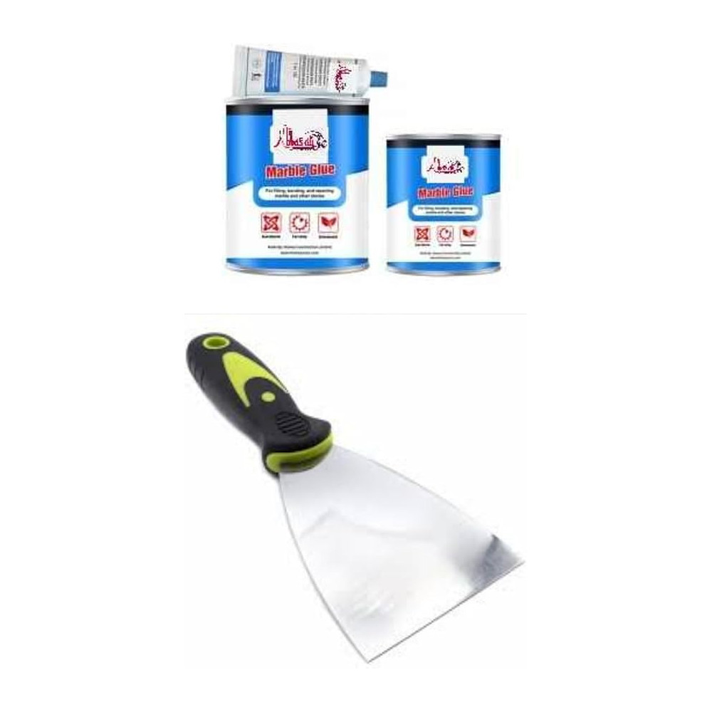 Abbasali Marble And Granite Glue Adhesive Kit- With Hardener, Easily Fix Chips, Fill Cracks And Repair Countertops And Tile, Beige With 3" Scrapper (1 Kilo)