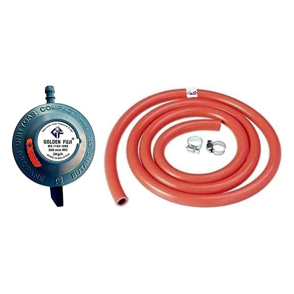 Abbasali Golden Fuji Gas Regulator with 1.5m Orange Gas Hose And 2 Hose Clips, Made in Malaysia
