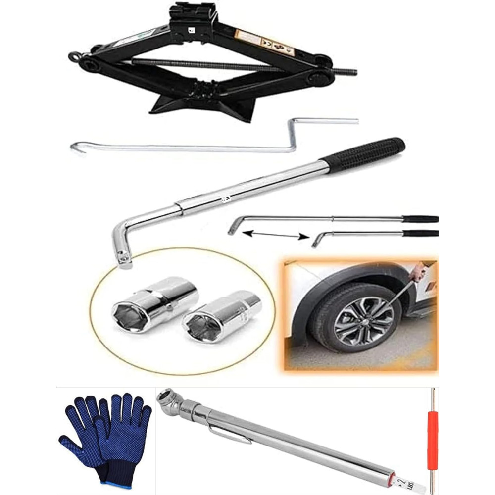 Abbasali Car Breakdown/Emergency Spare Kit, 2 Tonne Scissor Jack And Extendable Wheel Brace Wrench, Gloves, Valve Core Remover And Tire Pressure Gauge for Van, SUV, and Truck