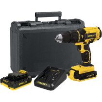 Stanley Cordless Hammer Drill 18V, 45Nm, 2 Speed, Reversible, 1.5Ah Li-Ion Batteries with Kit Box, Yellow/Black - SCH20S2K-B5