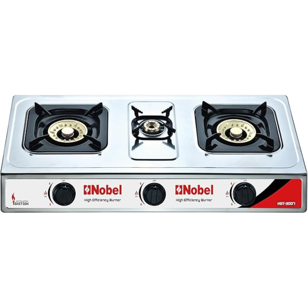Nobel 3 Gas Burner / 3 Brass Burners Gas Stove Cold Steel Paint Finish Look And Piezo Ignition, With 90Mm Single Burner, 40MM Single Burner, 90MM Double Brass Cover