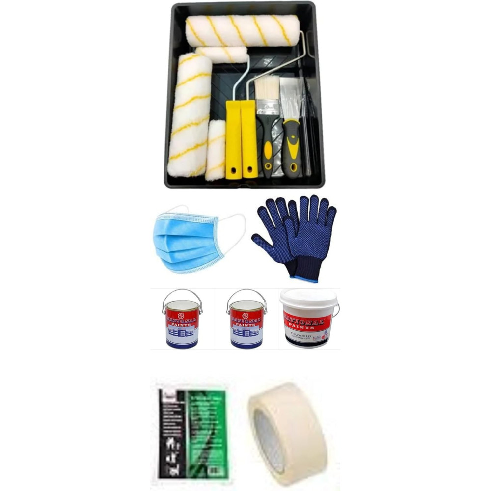 Abbasali Painting Set for Decorative And Wall Painting, Includes Rollers, Brushes, Scrapers, Tray, Refill, Masking Tape, and More, Emulsion White And Stucco