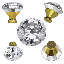 Abbasali Set of 2 Clear Glass Crystal Cabinet Knobs, Gold Half Diamond Design