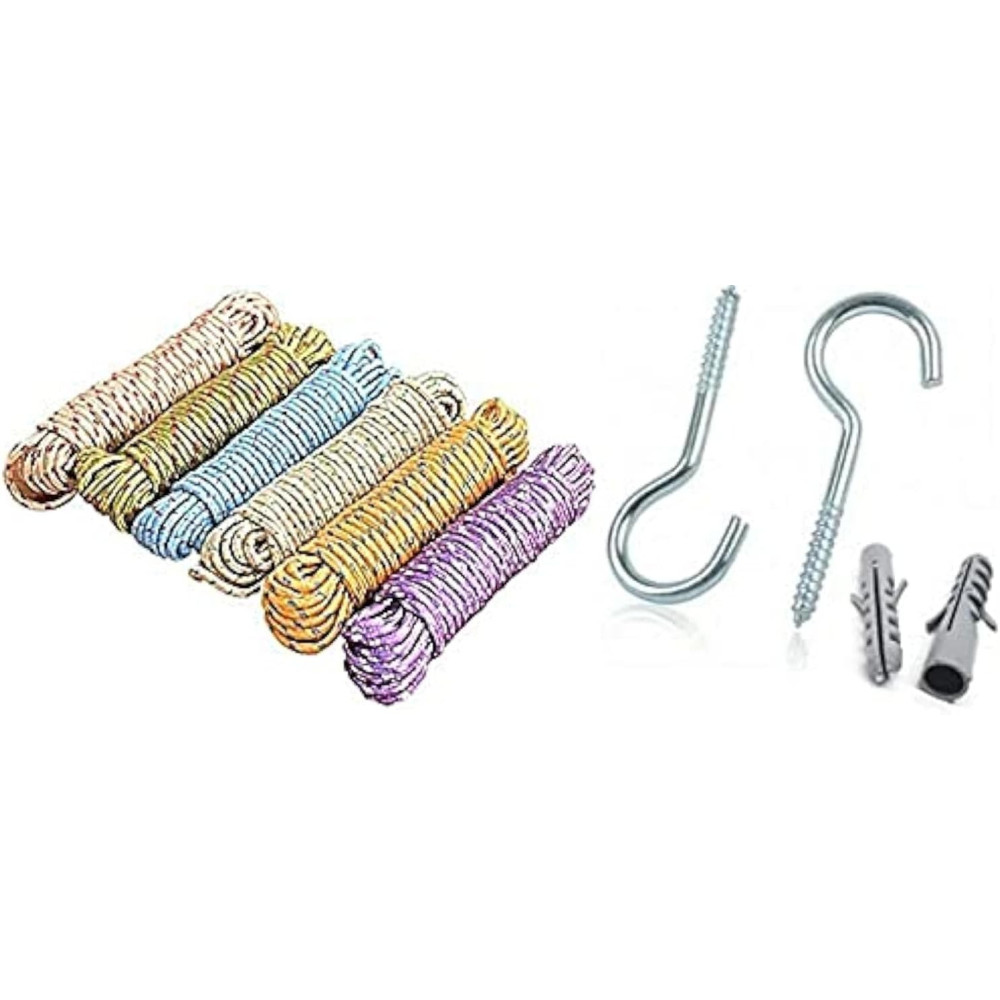 Abbasali Nylon Rope 10M with 2 Pcs Screw Hooks, Versatile for Laundry, Camping, and Home/Commercial Use