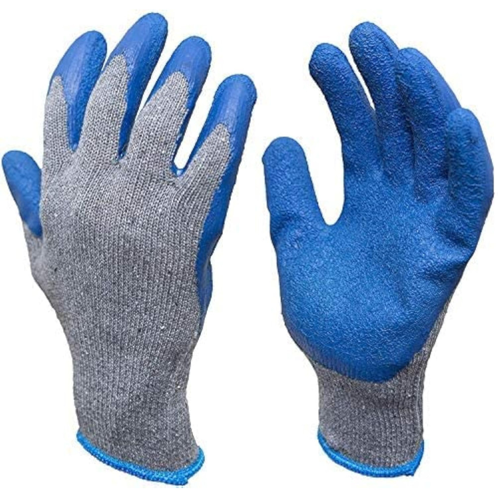 Abbasali Rubber Latex Double Coated Work Gloves with Grip, Heavy Duty Cotton Blend for Construction, Gardening, and More 12 Pairs, Blue, Uni Size