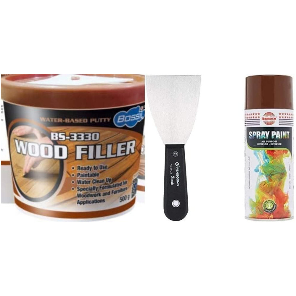 Abbasali Carpenter Wood Filler 500g, Includes Scraper & Brown Spray Paint for Wood Repair and Finishing