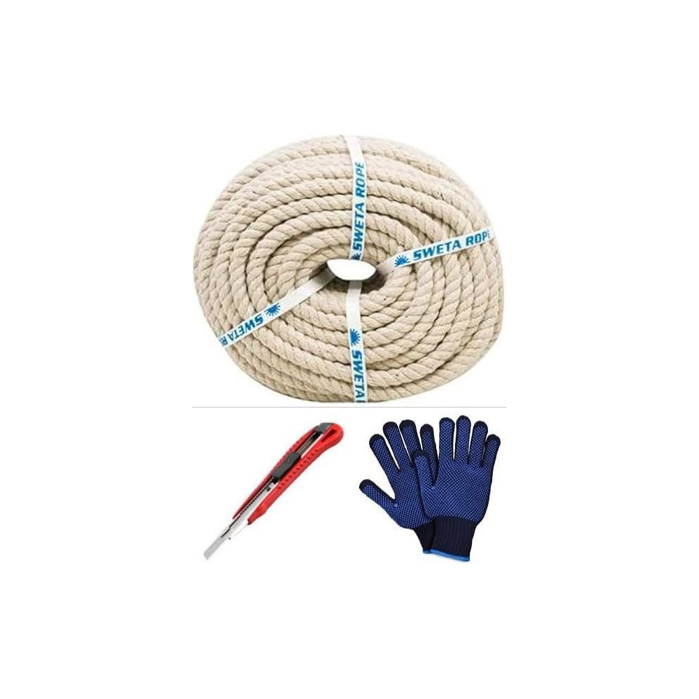 Abbasali 40 Yards White Cotton Cord, 12mm Craft Rope for Wall Hangings, Gardening, and Home Includes Gloves and Knife