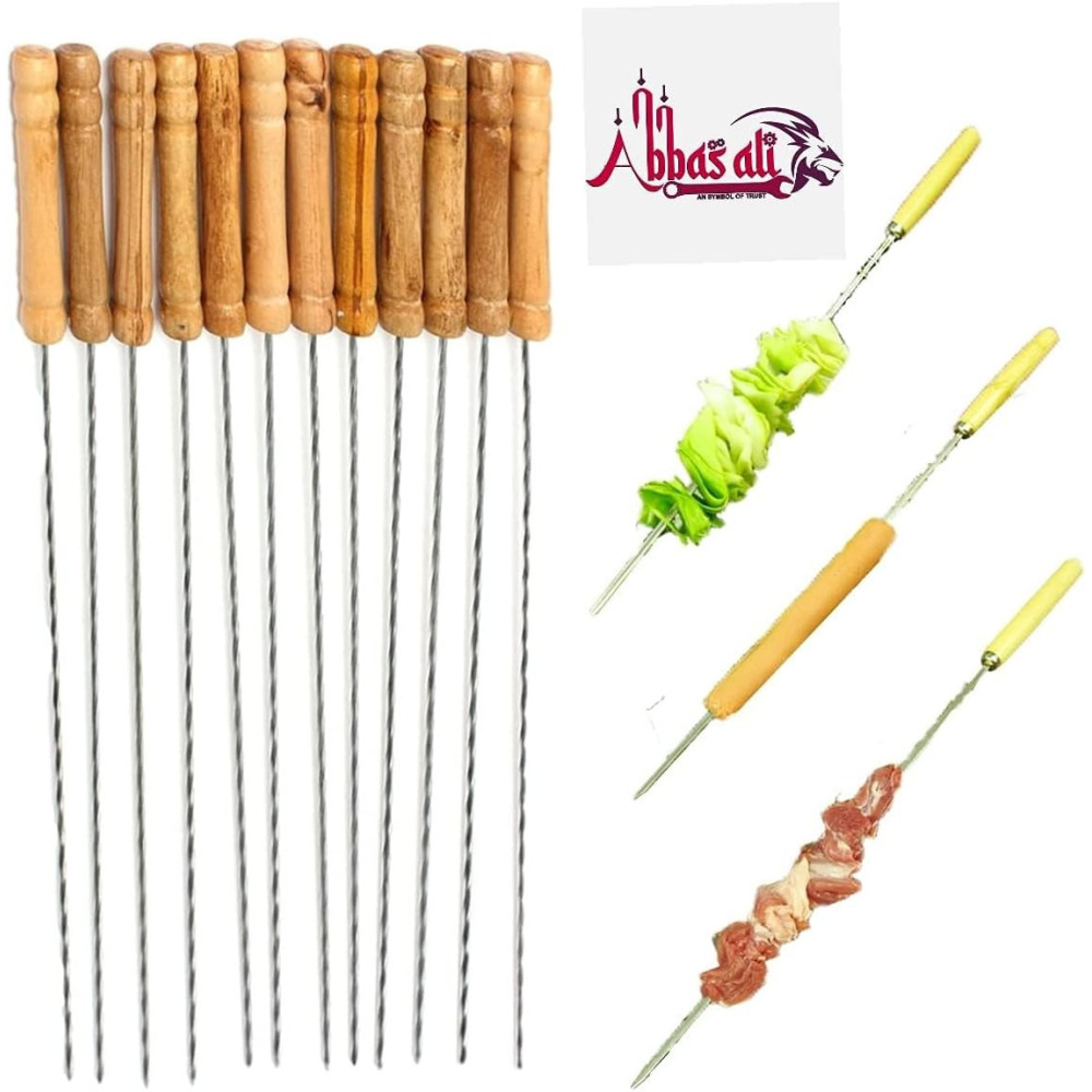 Abbasali 12 Piece Stainless Steel Barbecue Skewers with Wooden Handles, Outdoor Grill Accessories