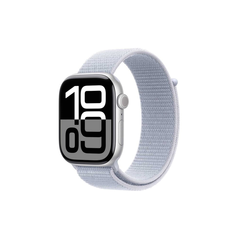 Apple Watch Series 10 GPS 46 mm Smartwatch with Silver Aluminium Case with Blue Cloud Sport Loop One Size, MWWN3