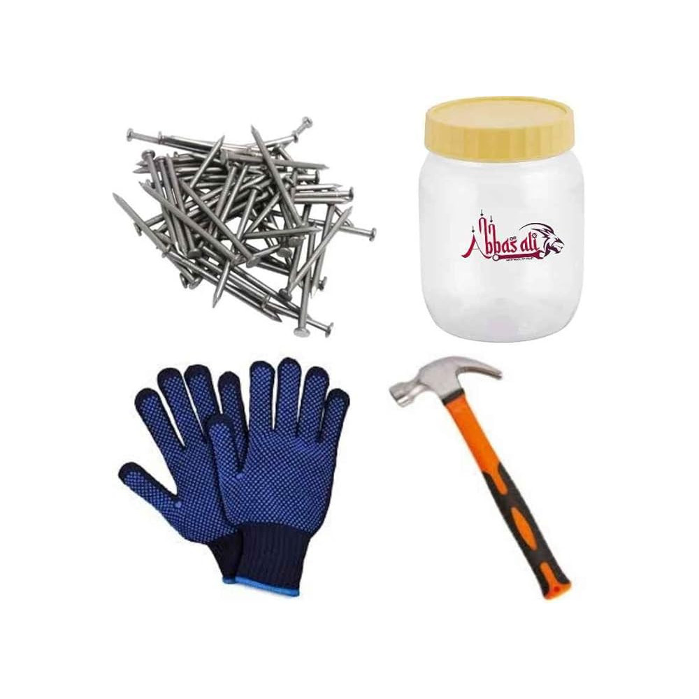 Abbasali High Strength Round Head Nails, 200Pcs, 3 Inch for Carpentry, Hardware And Electrical Work, Includes Glove And Hammer