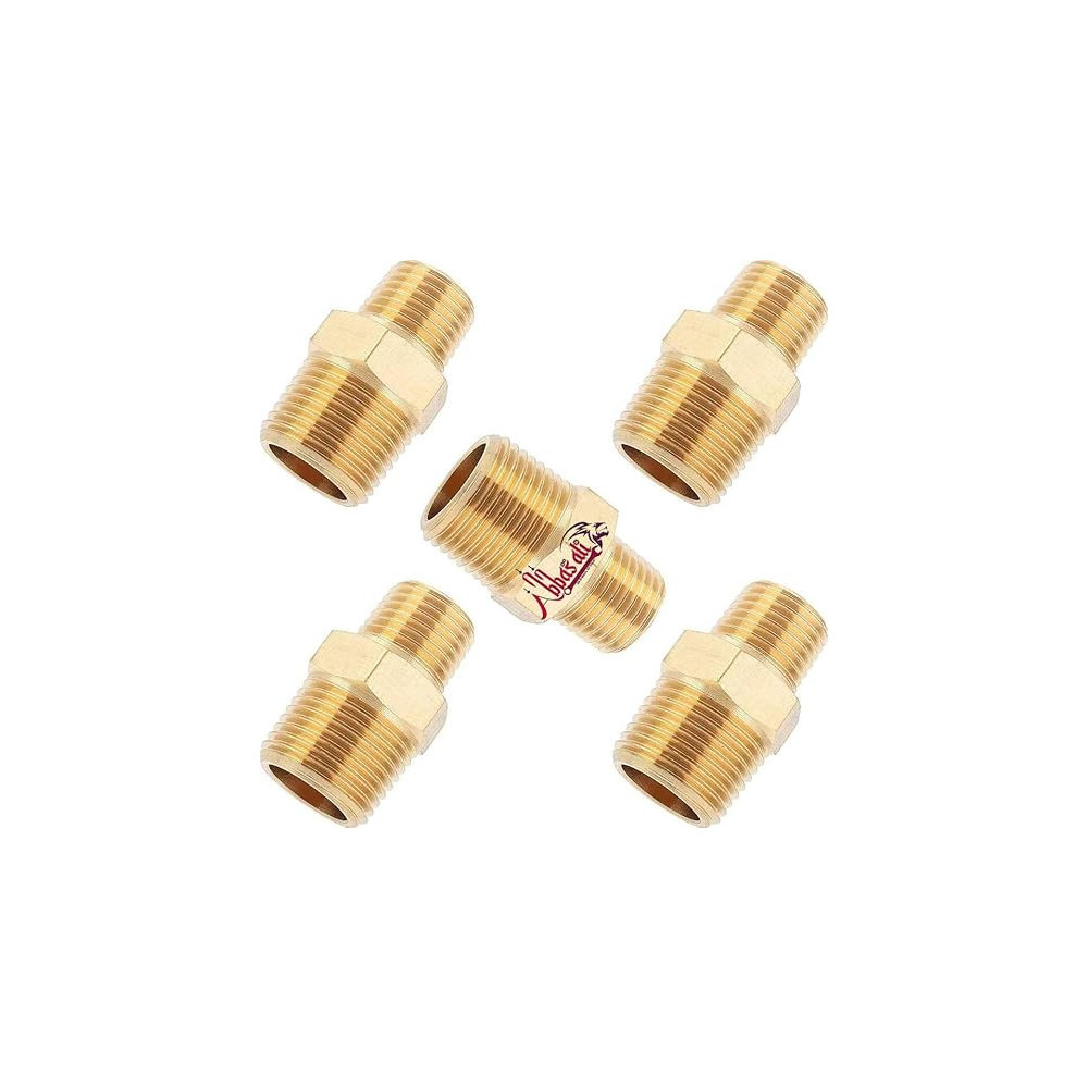 Abbasali Male to Male Solid Brass Hex Type Straight Thread Reducer Pipe Nipple, 5pcs Pack, M3/8 x M1/4