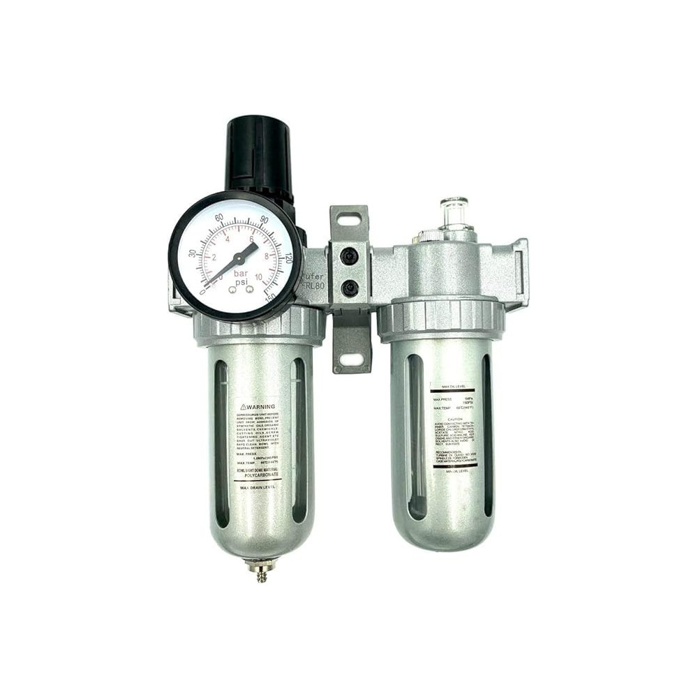 Abbasali AFRL80 Air Filter Regulator And Lubricator Combo, 1/2 Inch NPT, 5 Micron, Poly Bowl, Manual Drain