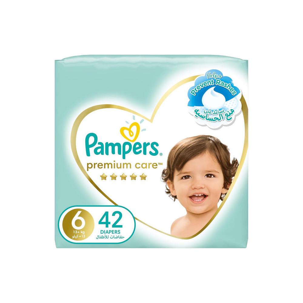 Pampers Premium Care Taped Baby Diapers, Size 6, 13+kg, Softest Absorption for Ultimate Skin Protection, 42 Count