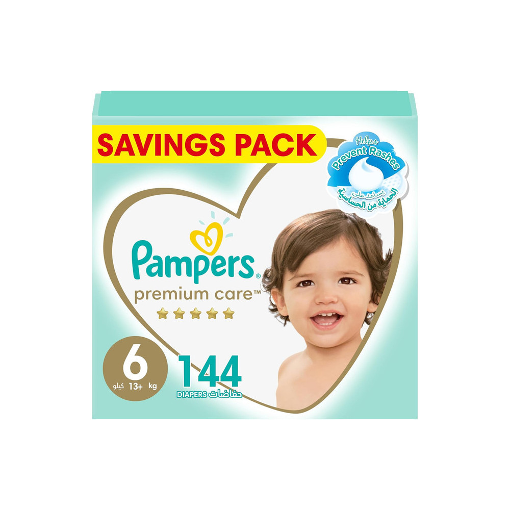Pampers Premium Care Taped Baby Diapers, Size 6, 13+kg, Softest Absorption for Ultimate Skin Protection, 144 Count