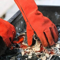 Leather Welding Gloves Wear Tear And Heat Resistant Fire Proof Stitched Inner Lining Insulated Comfortable Sweat Absorbent One Size Forearm Half Covered, Red
