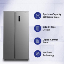 Super General 600 Liters Gross Side-By-Side Refrigerator-Freezer, Digital Control, Inox Finish: Matte, SGR710SBS, 90.5 W cm x 59.5 D cm x 177 H cm, 1 Year Warranty