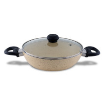 DELICI Kadai Pan 28CM, Fry Pan Cooking Pan High-Grade Nonstick Granite Cookware with Glass Lid, PFOA-Free, Dishwasher Safe Induction and Gas Compatible - AKP28IE