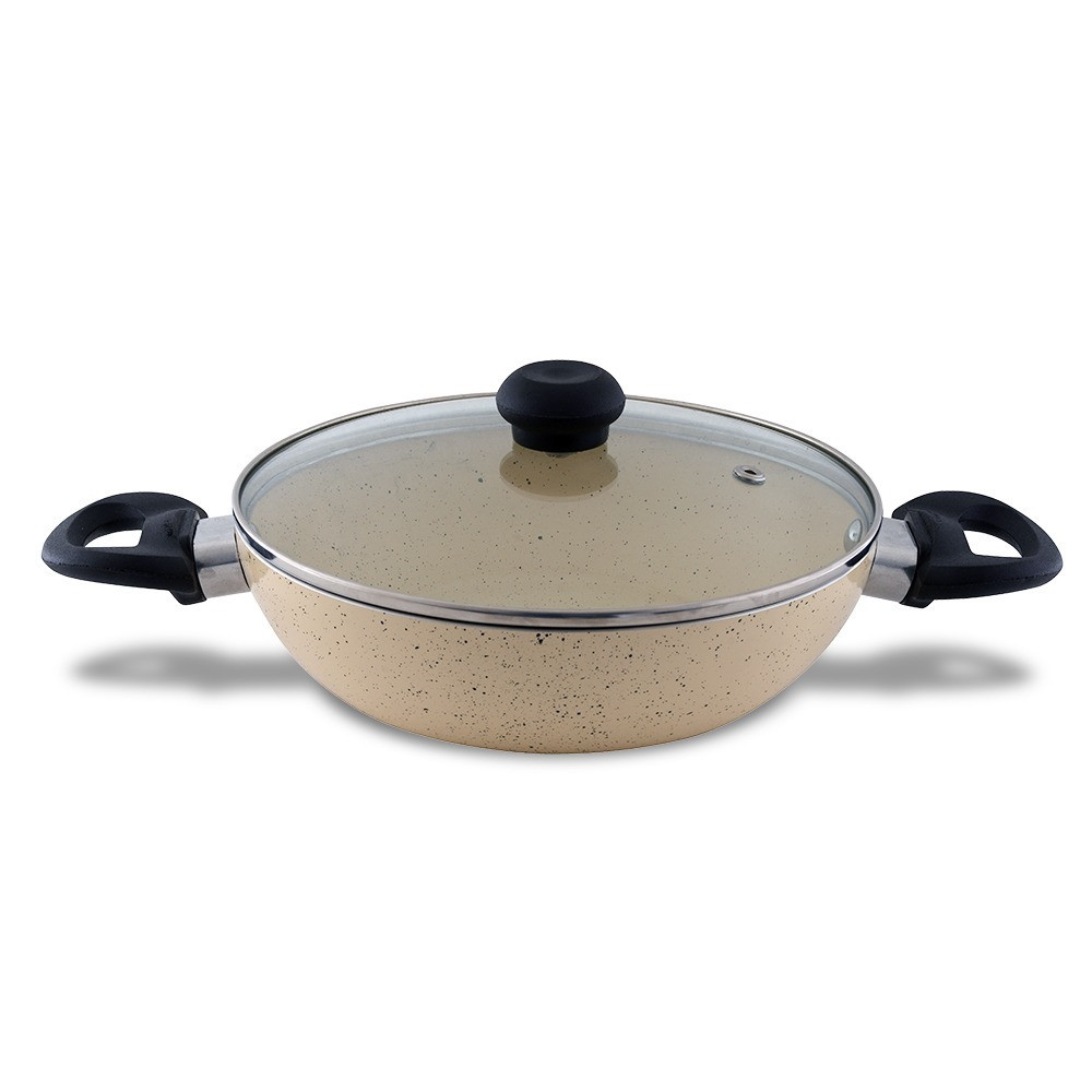 DELICI Kadai Pan 28CM, Fry Pan Cooking Pan High-Grade Nonstick Granite Cookware with Glass Lid, PFOA-Free, Dishwasher Safe Induction and Gas Compatible - AKP28IE