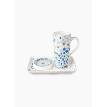 Homesmiths Rosa Nogoum Mug With Plate And Cover, White/Blue/Silver