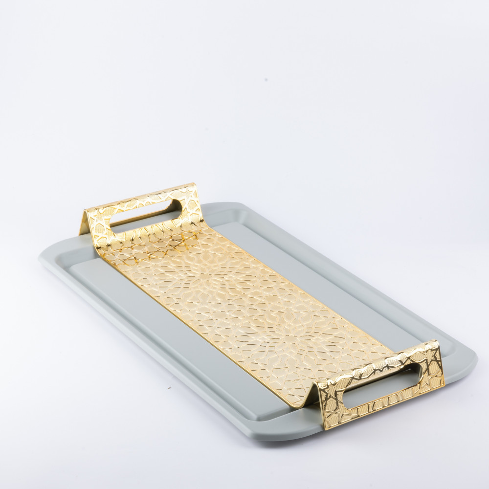 Otantik Asalah Iron Serving Tray, Grey And Gold, Elegant Serving Tray For Home, Kitchen, Living Room, Ramadan, And Special Occasions, Durable Decorative Tray